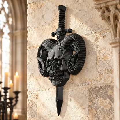 Skull and sword wall plaque front view showing curled ram horns