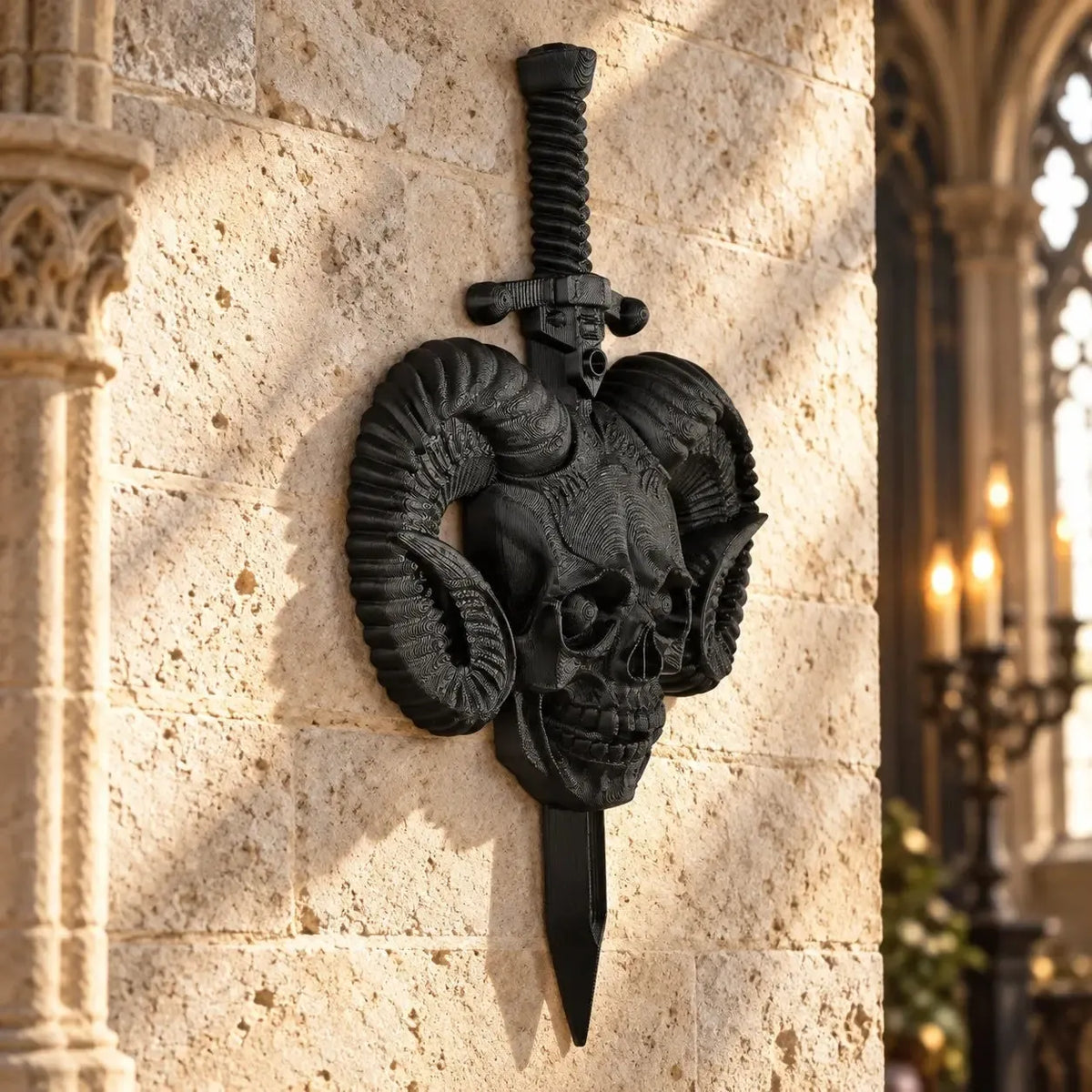 Ram horn skull plaque angled view showing sculptural relief
