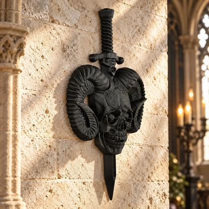 Ram horn skull plaque angled view showing sculptural relief