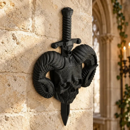 Ram skull and sword plaque side view showing layered depth