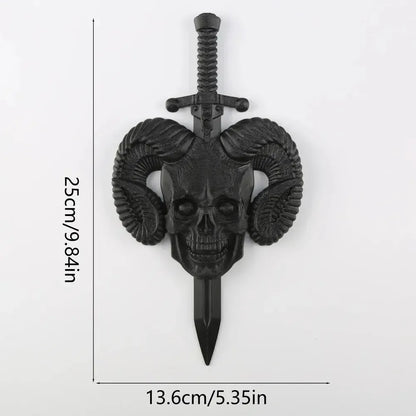 Ram skull and sword plaque dimension diagram, 13.6 cm wide and 25 cm high