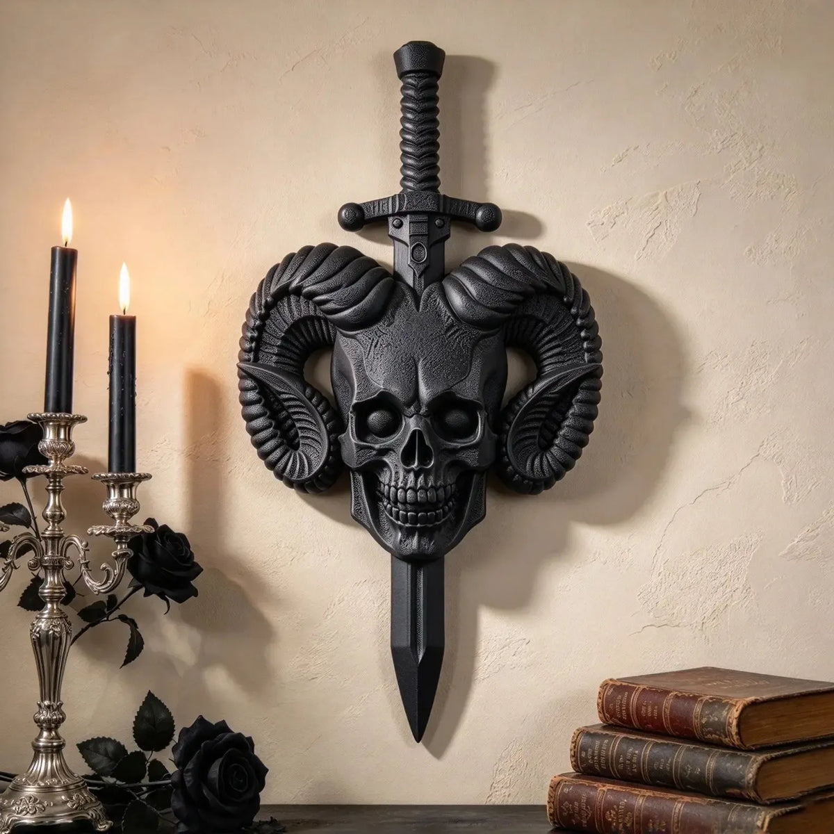 Ram horn skull and sword wall plaque in a Gothic reading corner