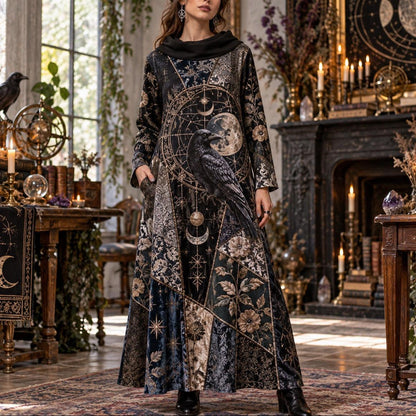 Raven Alchemist Gothic Cowl Neck Dress – Witchy Celestial Moon Maxi – worn, front view