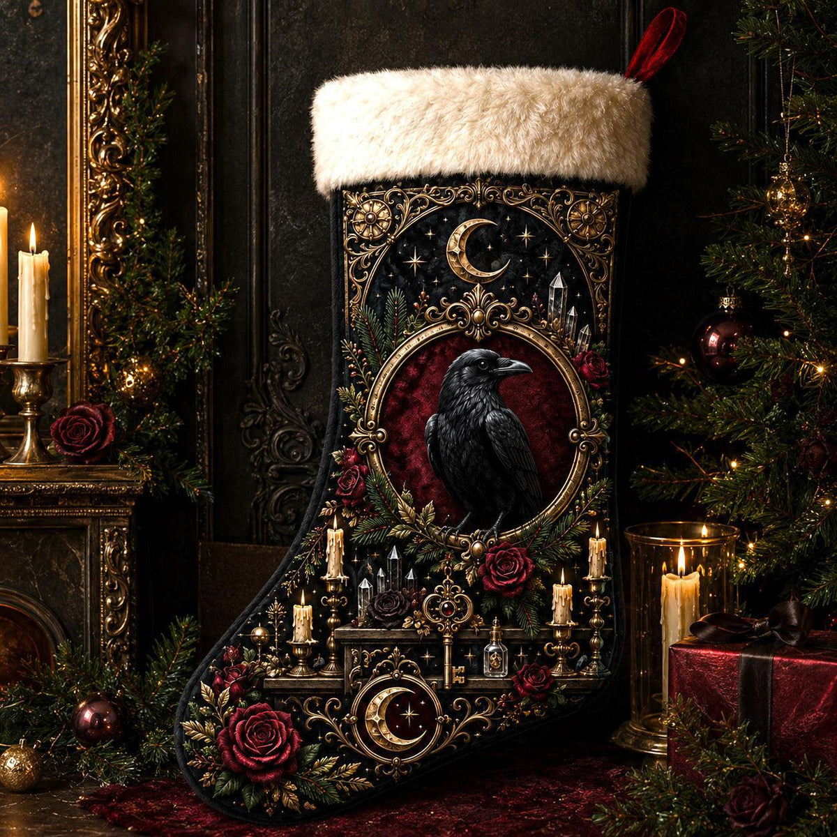 Raven And Roses Christmas Stocking Dark Academia Gothic Decor, styled shot 2