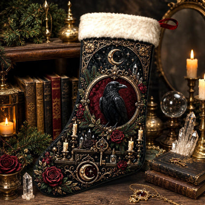 Raven And Roses Christmas Stocking Dark Academia Gothic Decor, styled shot 3