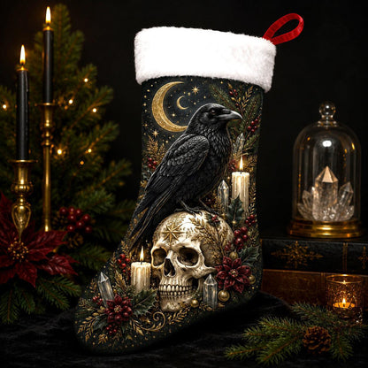 Raven And Skull Christmas Stocking Gothic Occult Holiday Decor, styled shot 4