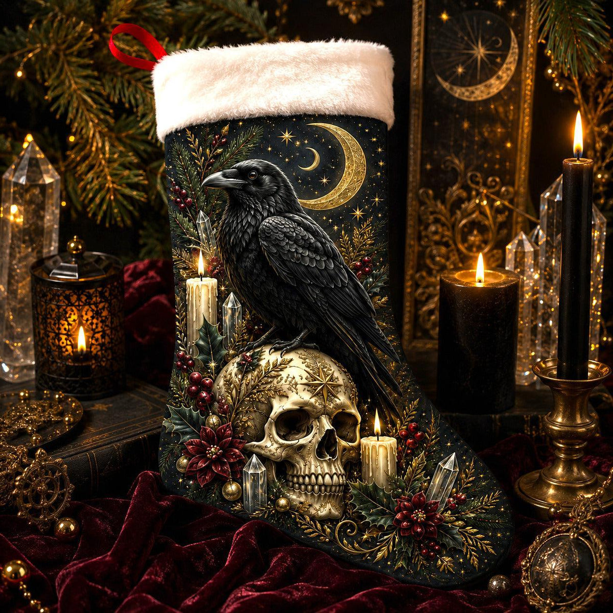 Raven And Skull Christmas Stocking Gothic Occult Holiday Decor, styled shot 3