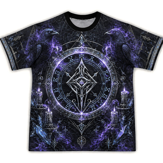 Runic Sigil Circle T-Shirt Raven Candle Cosmic Occult Tee front view