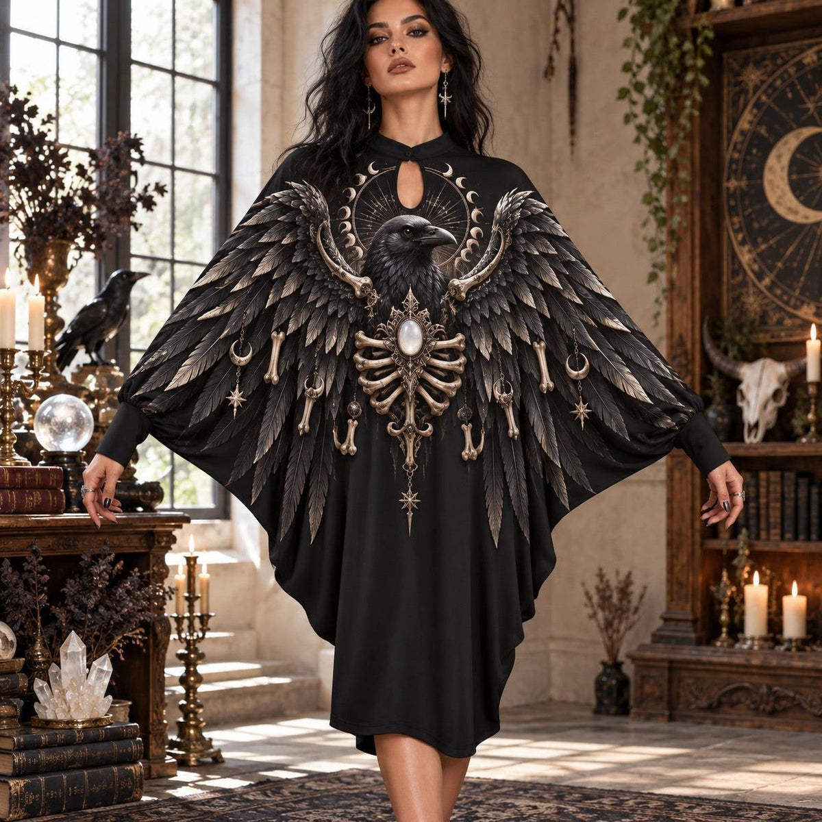 Raven Bone Reliquary Gothic Batwing Dress – Witchy Moon Phase Midi – worn, front view