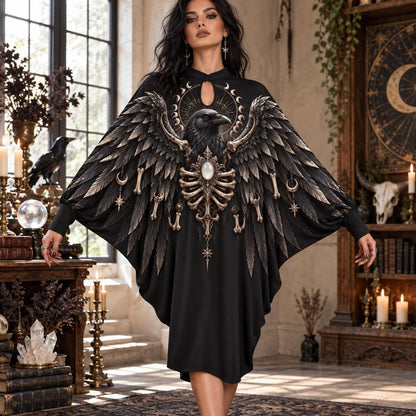 Raven Bone Reliquary Gothic Batwing Dress – Witchy Moon Phase Midi – worn, front view