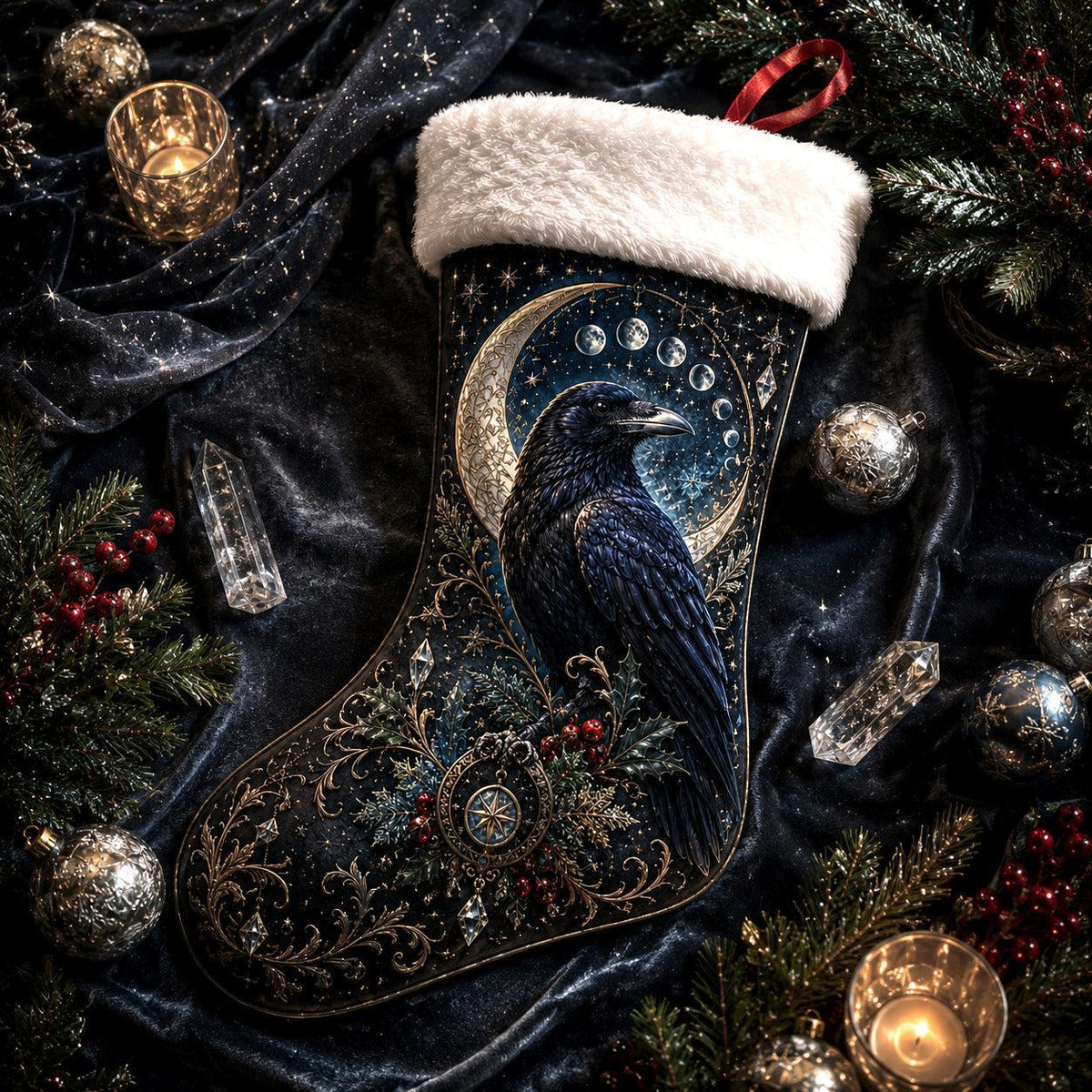 Raven Crescent Moon Christmas Stocking Gothic Yule Mantel Decor, styled shot 4