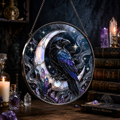 Raven Crescent Moon Crystal Glass Suncatcher - close up detail