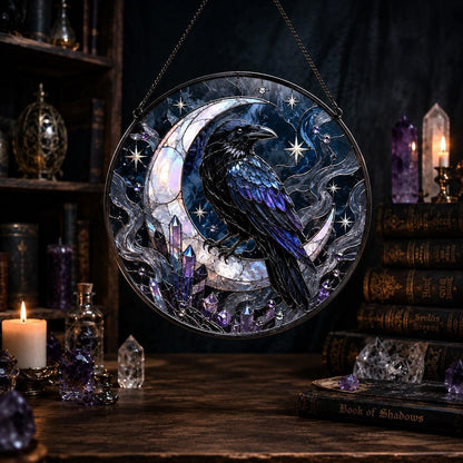 Raven Crescent Moon Crystal Glass Suncatcher - sunlight glow