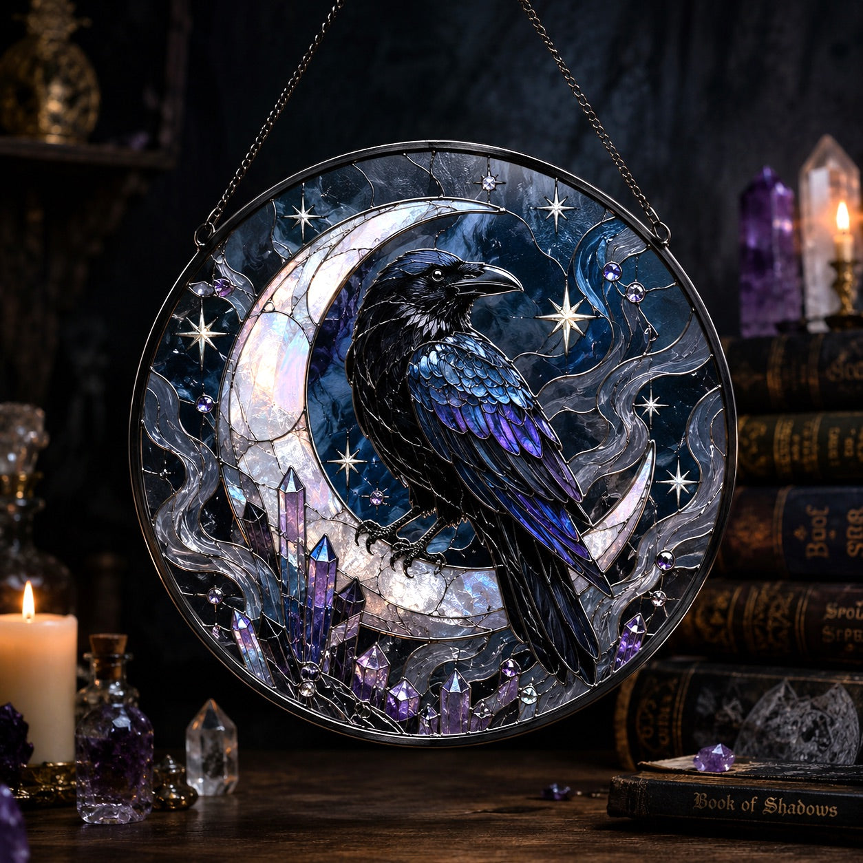 Raven Crescent Moon Crystal Glass Suncatcher - window display