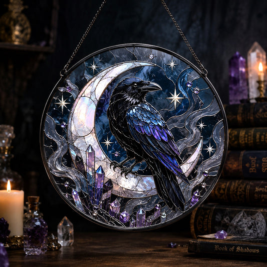 Raven Crescent Moon Crystal Glass Suncatcher - window display