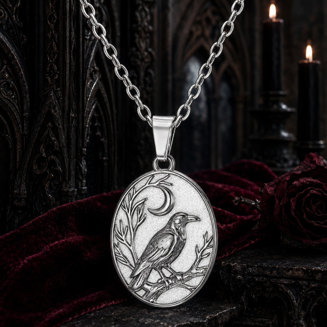 Silver Gothic crow amulet pendant with crescent moon in a cathedral scene
