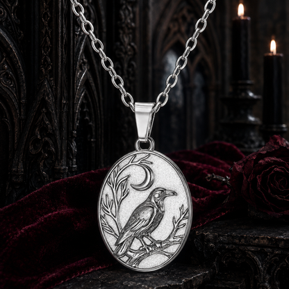 Silver Gothic crow amulet pendant with crescent moon in a cathedral scene