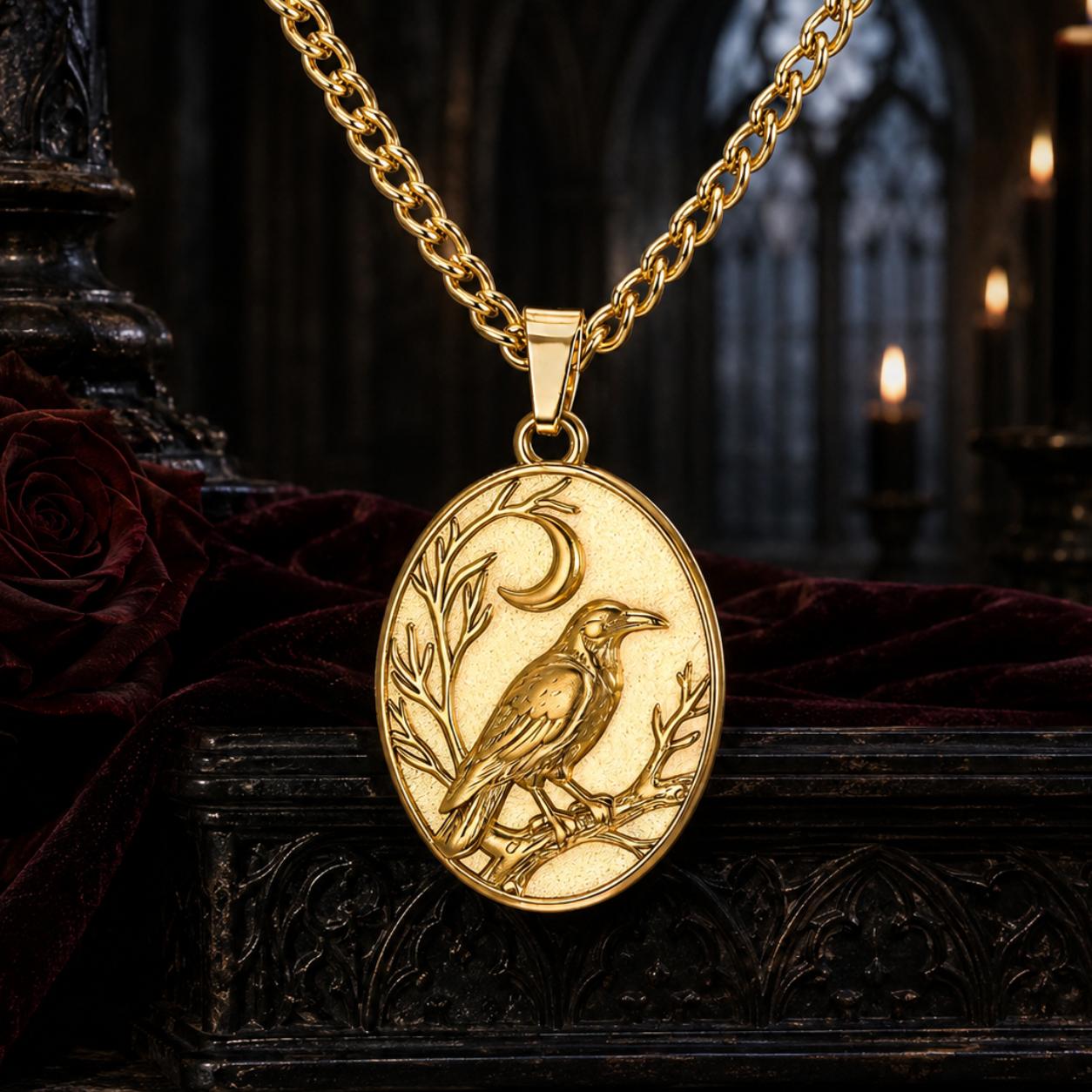 Gold Raven Crescent Moon oval necklace highlighted in a Gothic cathedral scene