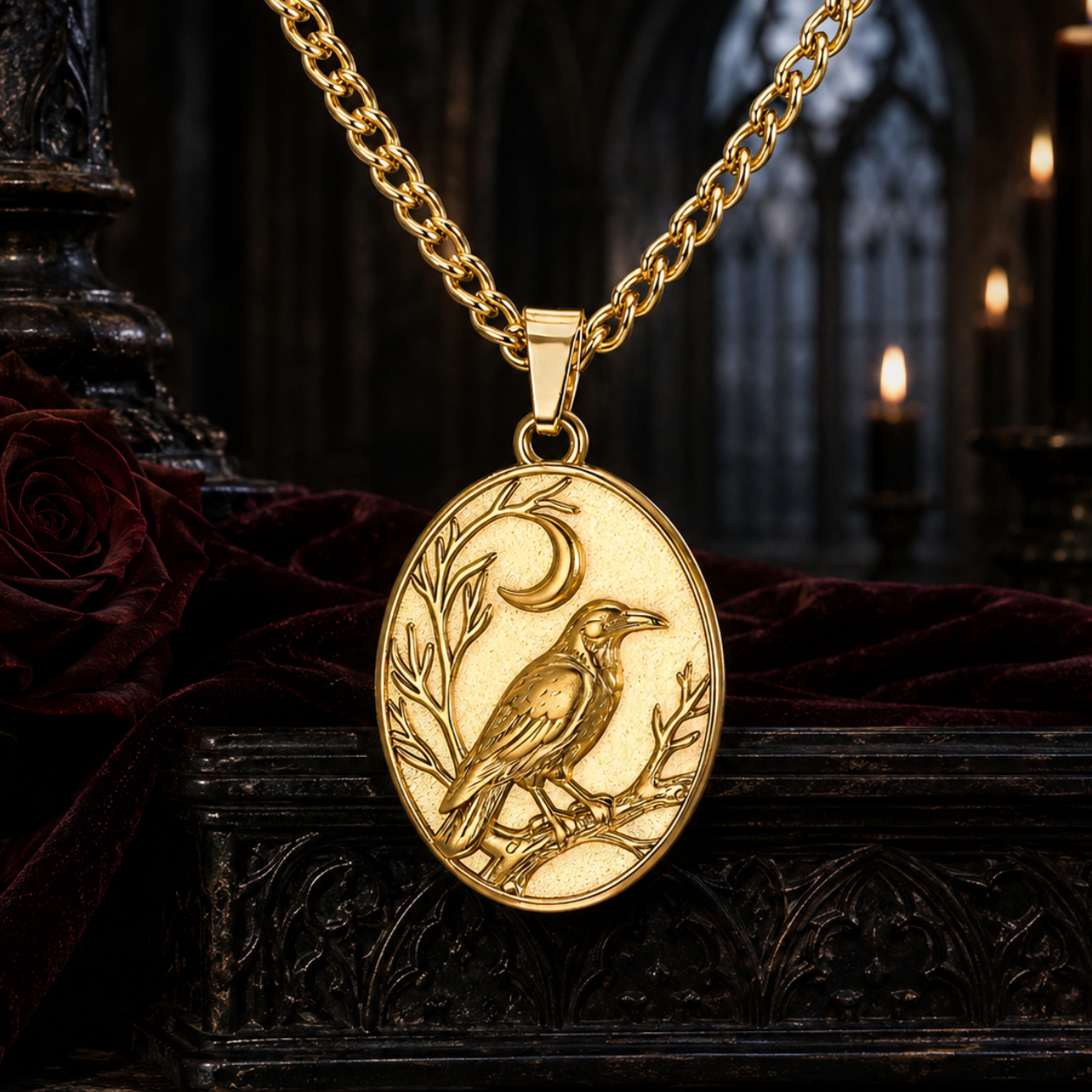 Gold Raven Crescent Moon oval necklace highlighted in a Gothic cathedral scene
