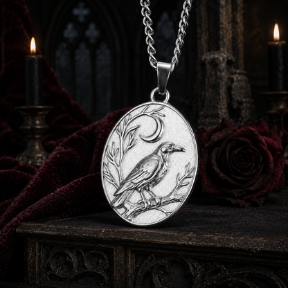 Silver Raven Crescent Moon necklace close-up with detailed crow engraving