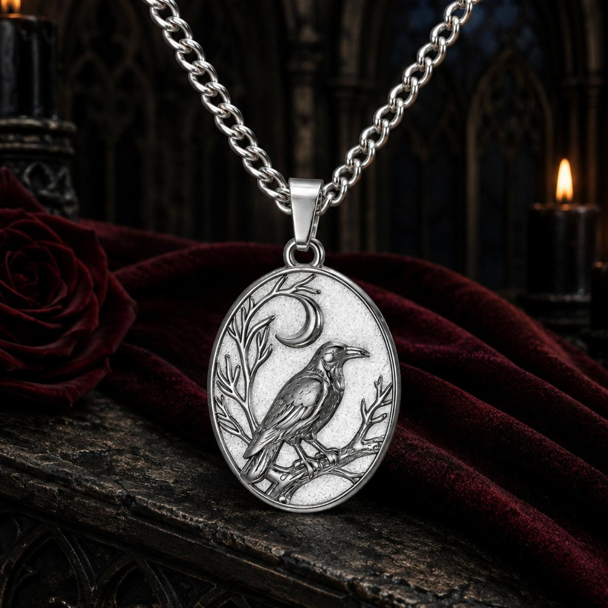 Silver Raven Crescent Moon necklace on a dark Gothic altar with burgundy velvet
