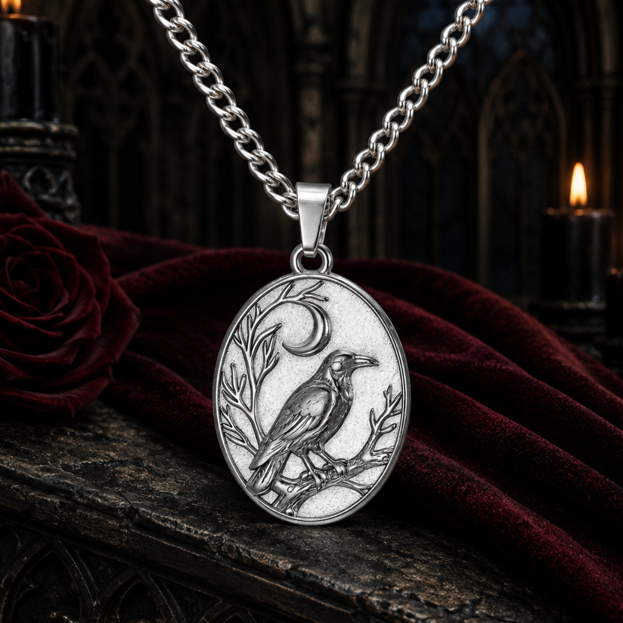 Silver Raven Crescent Moon necklace on a dark Gothic altar with burgundy velvet