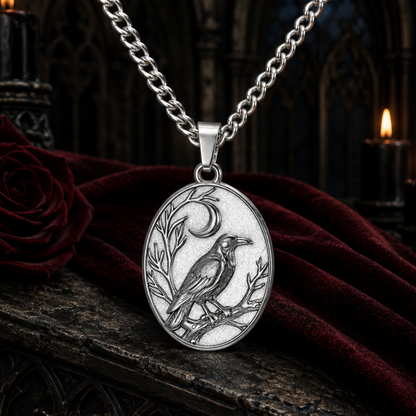 Silver Raven Crescent Moon necklace on a dark Gothic altar with burgundy velvet