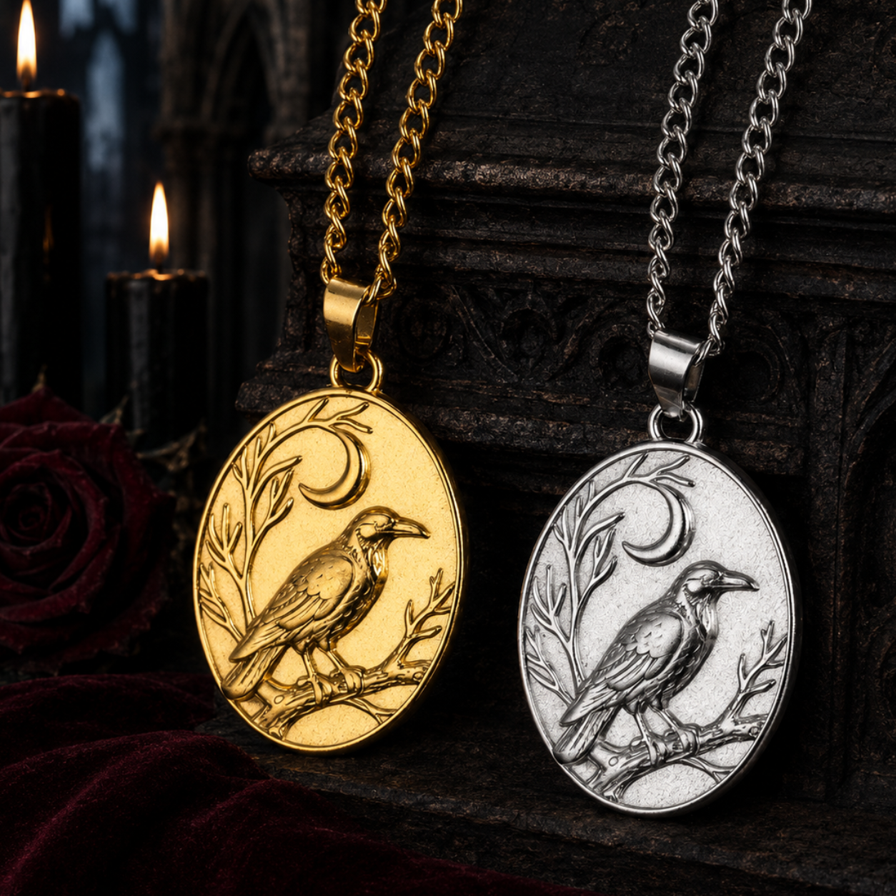 Gold and silver Raven Crescent Moon oval necklaces in a dark Gothic scene