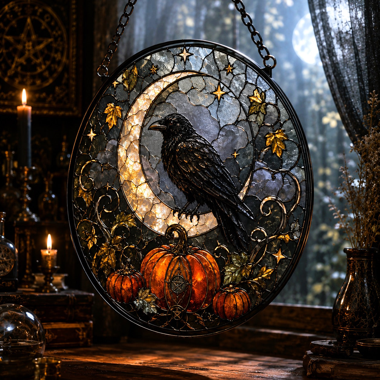 Raven Crescent Moon Pumpkin Glass Suncatcher - close up detail