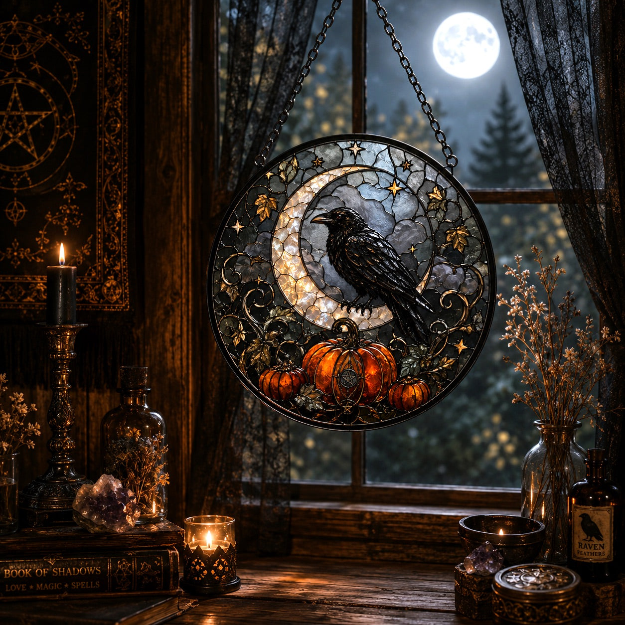 Raven Crescent Moon Pumpkin Glass Suncatcher - sunlight glow