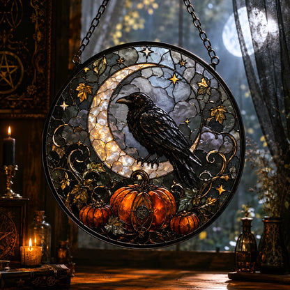 Raven Crescent Moon Pumpkin Glass Suncatcher - window display