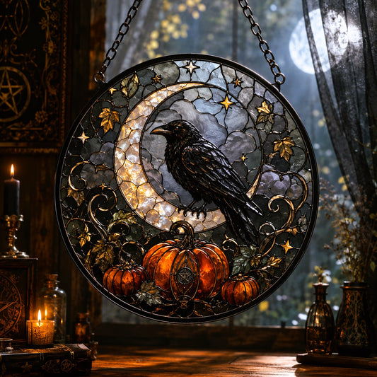 Raven Crescent Moon Pumpkin Glass Suncatcher - window display
