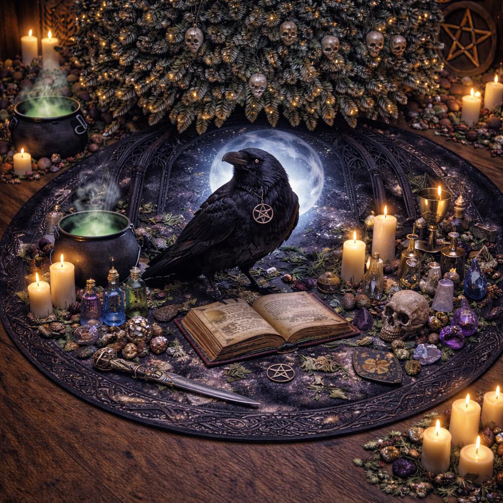 Dark velvet Yule tree skirt with a raven, full moon, pentacle, skulls, and candles, ideal for gothic decor.