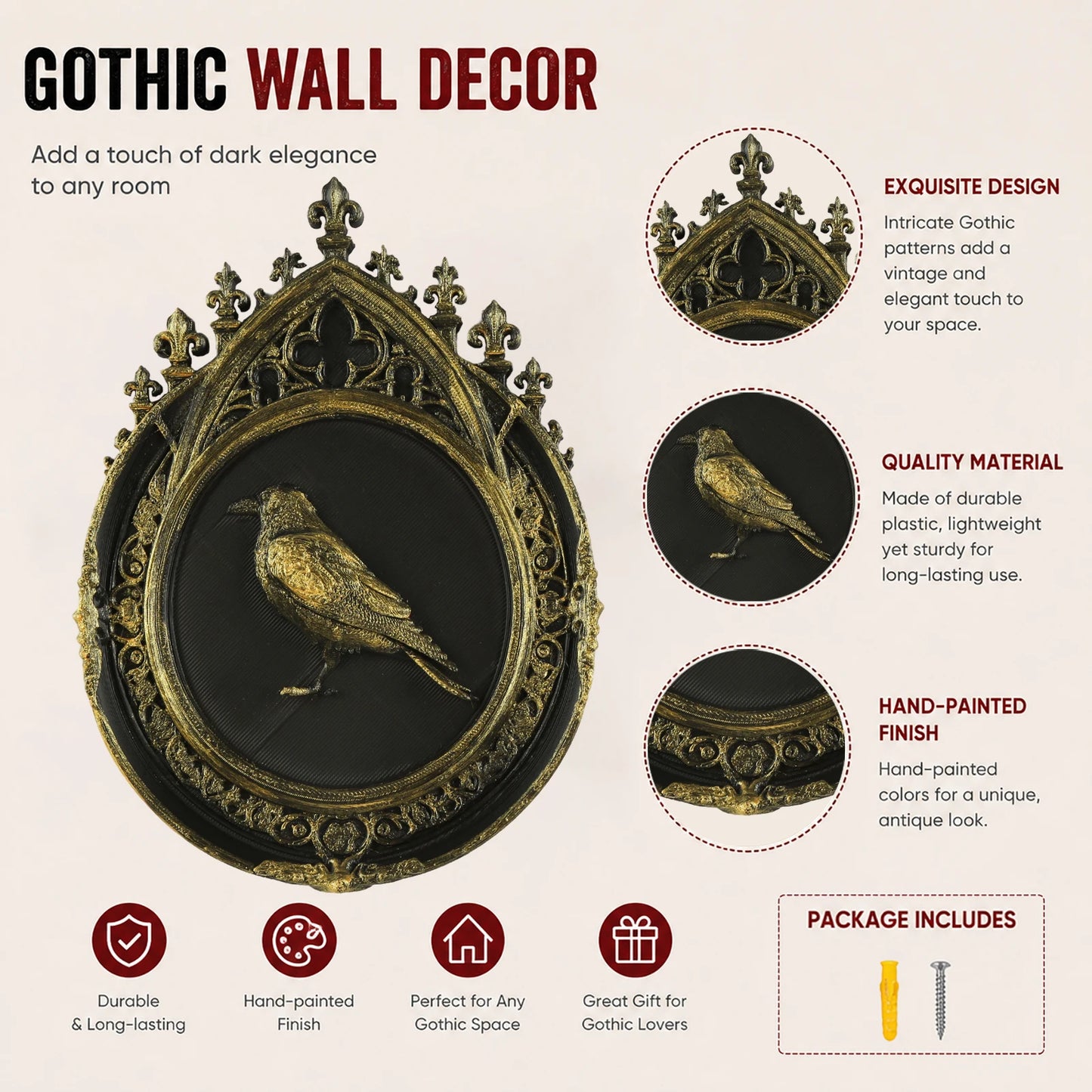 Raven Embossed Resin Wall Plaque Gothic Vintage Wall Decor-MoonChildWorld