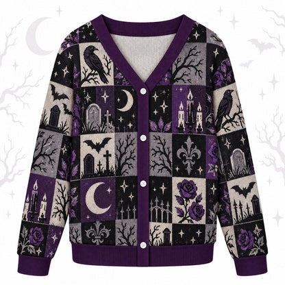 Raven Graveyard Purple Rose Gothic Cardigan for Women Bat Patchwork, front view
