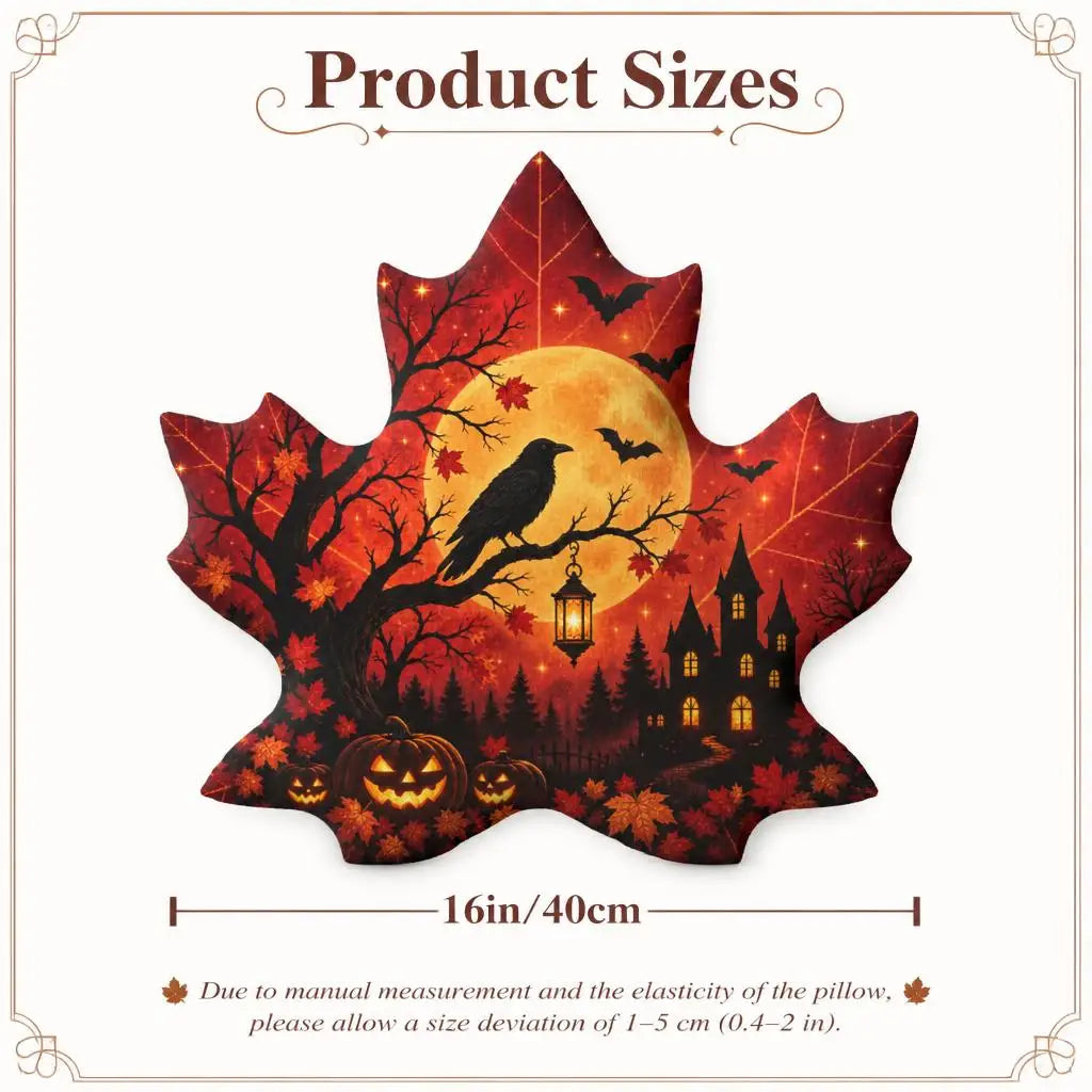 Size guide showing 16 inch / 40 cm: decorative plush pillow featuring maple leaf with raven, haunted house and moon artwork