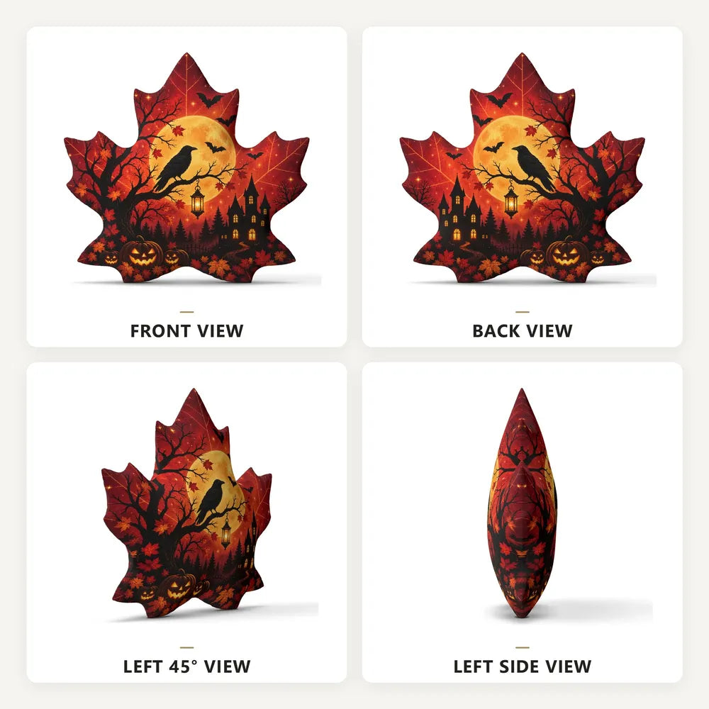 Front, back and side views: decorative plush pillow featuring maple leaf with raven, haunted house and moon artwork