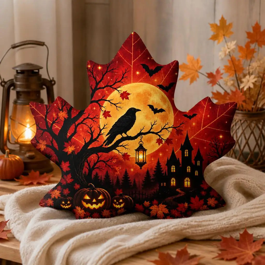 Styled room view: decorative plush pillow featuring maple leaf with raven, haunted house and moon artwork
