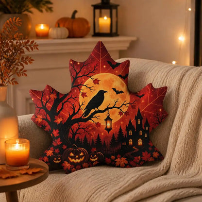 Alternate styled room view: decorative plush pillow featuring maple leaf with raven, haunted house and moon artwork