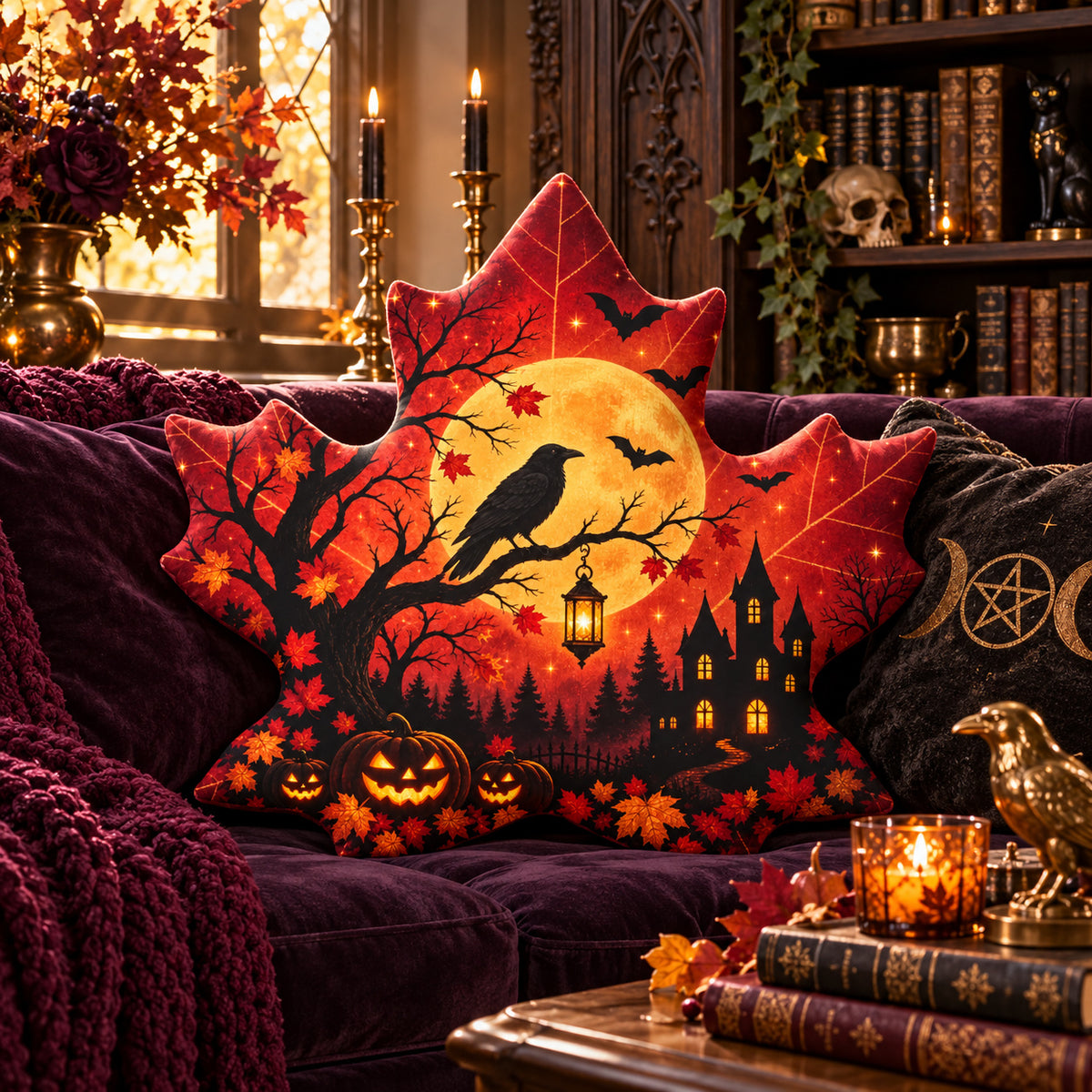 Raven Haunted House Maple Leaf Pillow in a witchy room