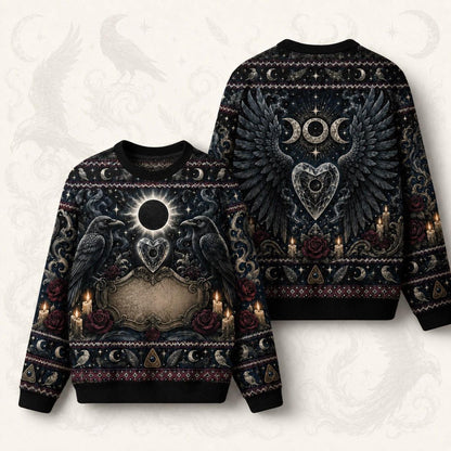 Raven Heart Sweater Eclipse Winged Heart Triple Moon Knit front and back together