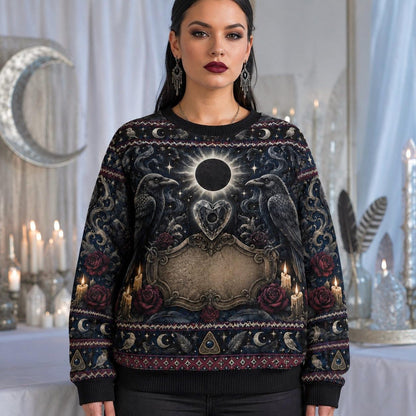 Raven Heart Sweater Eclipse Winged Heart Triple Moon Knit worn, front view