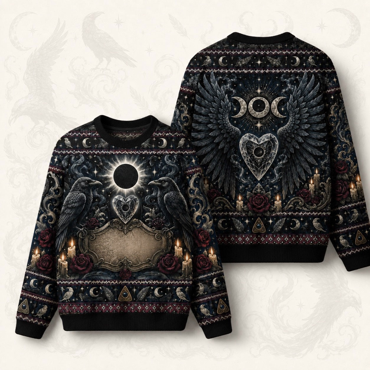 Raven Heart Sweater Eclipse Winged Heart Triple Moon Knit front and back together