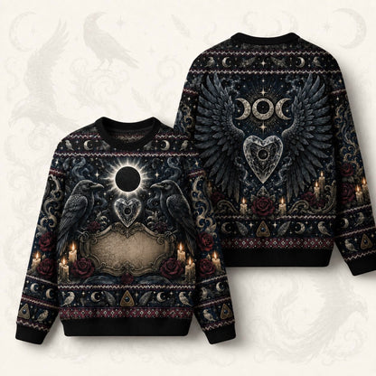 Raven Heart Sweater Eclipse Winged Heart Triple Moon Knit front and back together
