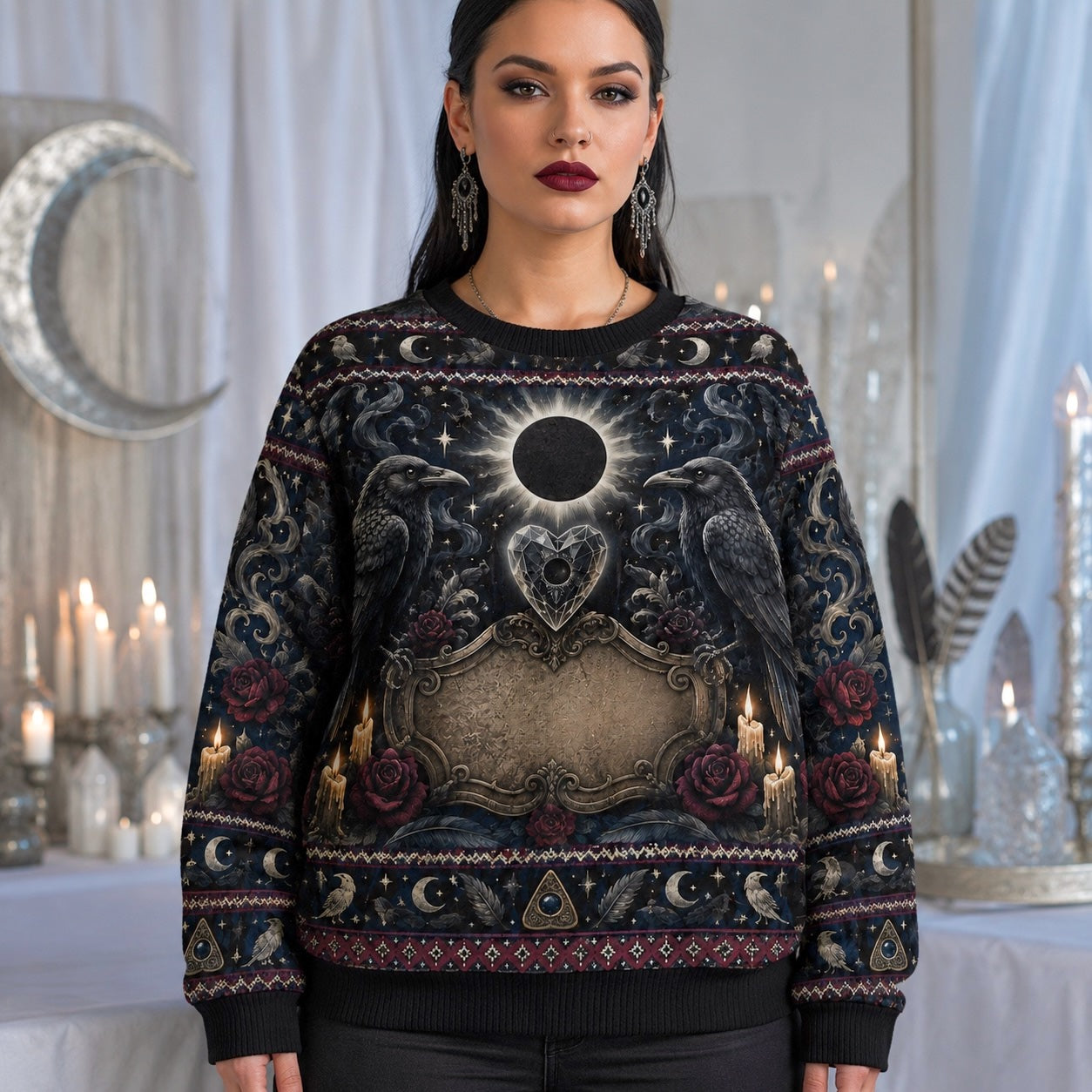 Raven Heart Sweater Eclipse Winged Heart Triple Moon Knit worn, front view