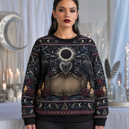 Raven Heart Sweater Eclipse Winged Heart Triple Moon Knit worn, front view