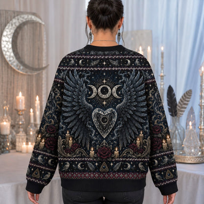 Raven Heart Sweater Eclipse Winged Heart Triple Moon Knit worn, back view
