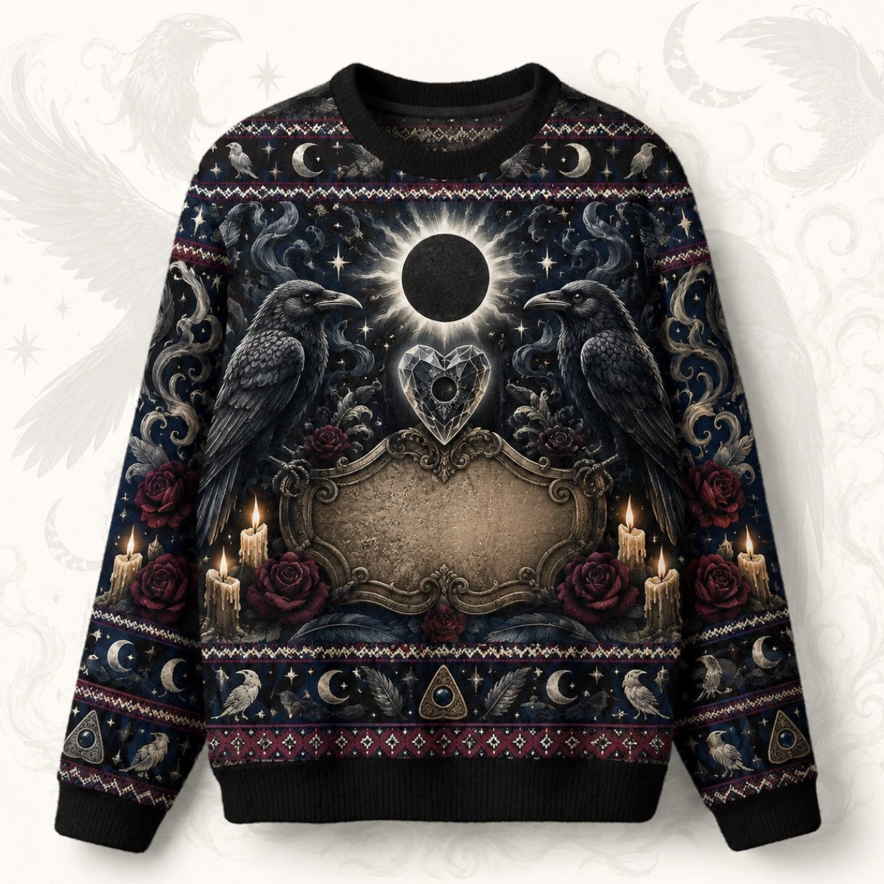Raven Heart Sweater Eclipse Winged Heart Triple Moon Knit front view