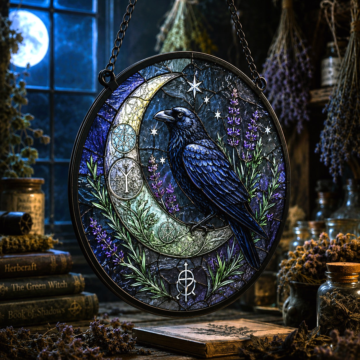 Raven Herb Moon Seal Glass Suncatcher - hanging view