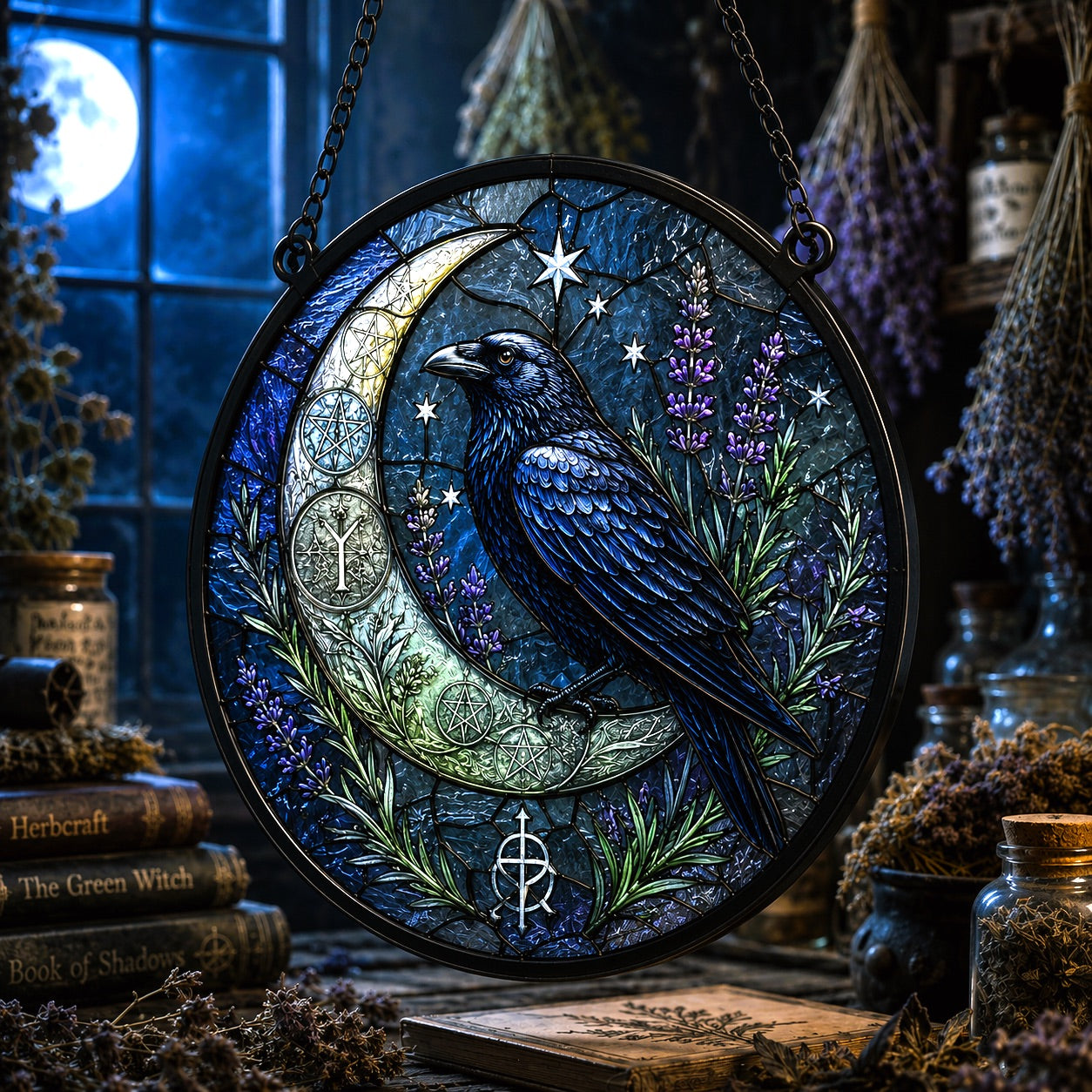 Raven Herb Moon Seal Glass Suncatcher - close up detail